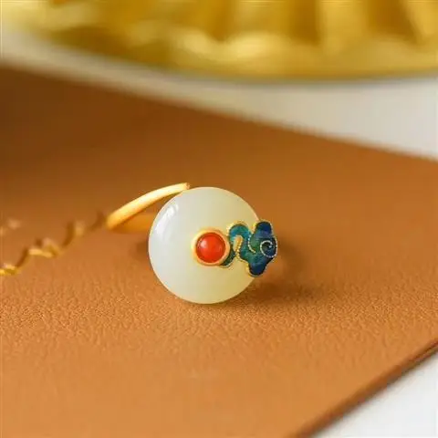 

Natural Hetian Jade Peace Buckle Ring S925 Sterling Silver Burnt Blue Auspicious Clouds Retro Chinese Style Index Finger Ring Ad