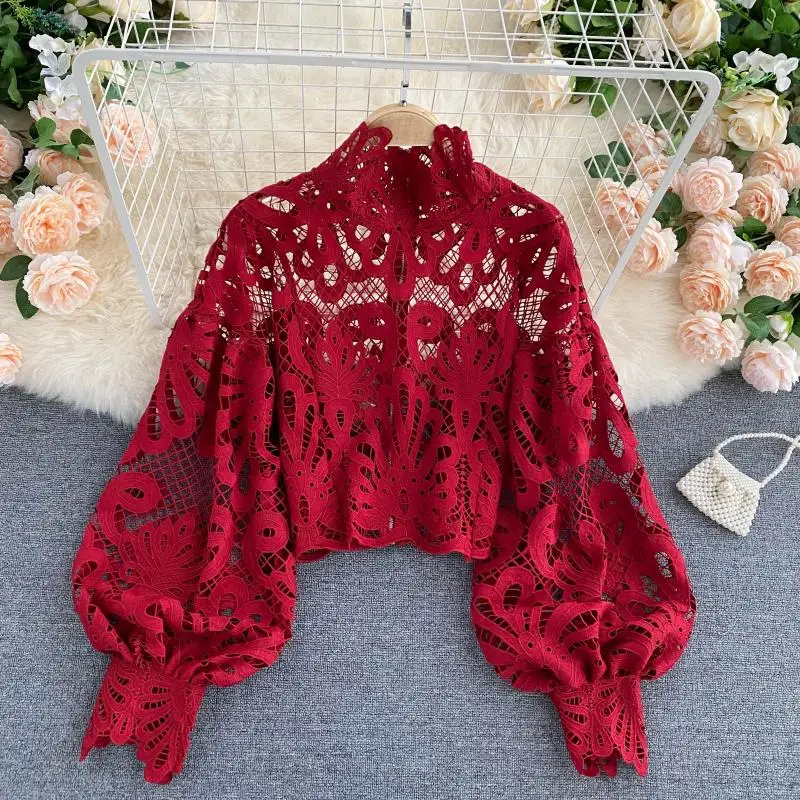 Spring autumn women's sexy hollow out long sleeve lace shirt female fashion casual loose puff sleeve chic shirt blouse TB1057