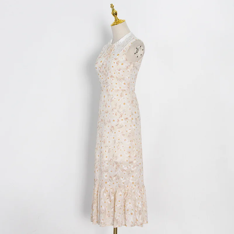 

Prairie Chic Hollow Out O-neck Silm Temperament Dresses Women 2021 Summer Sleeveless Ruffles Dress Sweet Office Lady Vestidos