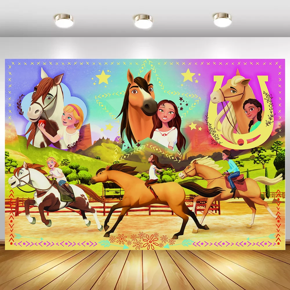 

Spirit Horse Racecourse Party Theme Photography Background Riding Boys or Girl Kids Birthday Cake Table Backdrops Banner Poster