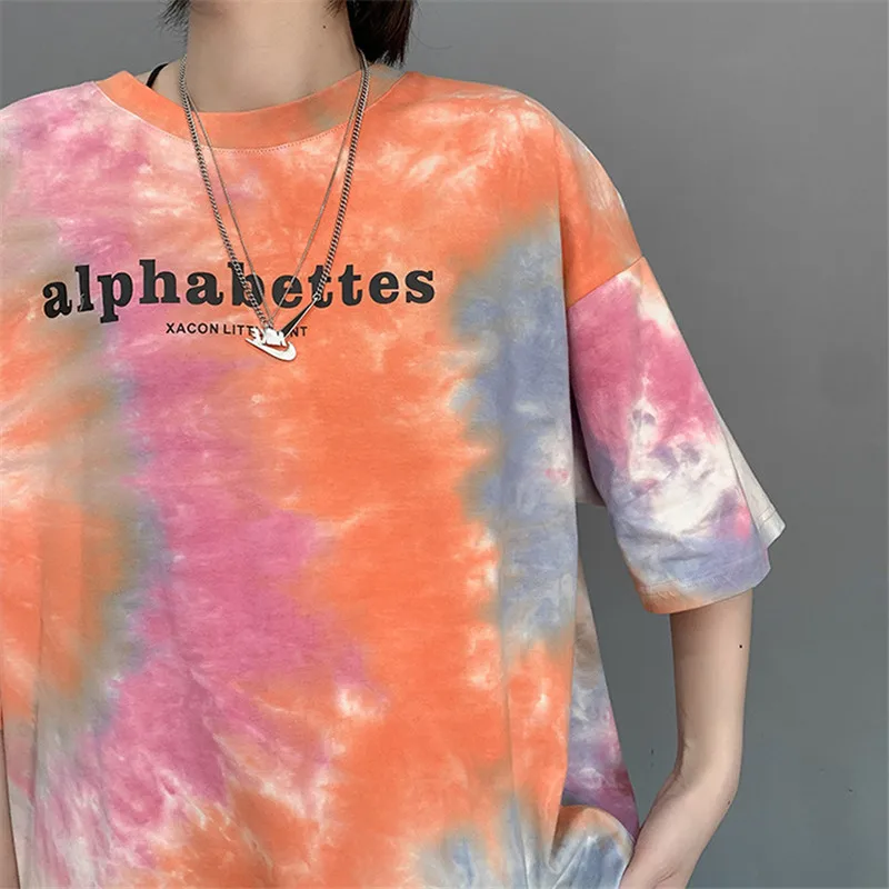 

Women Short Sleeve T Shirts Oversized Tie Dye Letter Print Hip Hop Loose Korean Style Chic Tee Shirt Summer Casual Tops