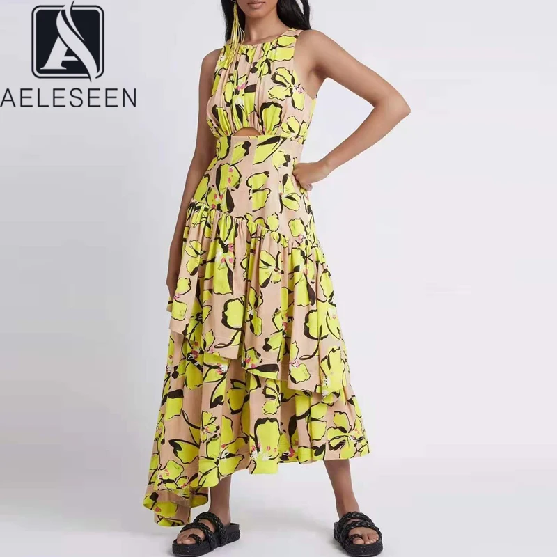 

AELESEEN Runway Fashion Women Summer Tank Dress Sleeveless Yellow Flower Print Ruffles Irregular Holiday Party Long Dress