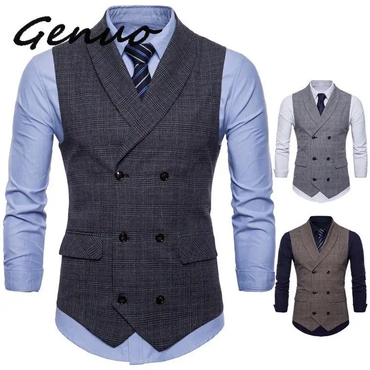 Genuo 2020 Brand Suit Vest Men Jacket Sleeveless Beige Gray Brown Vintage Tweed Vest Fashion Spring Autumn  Waistcoat