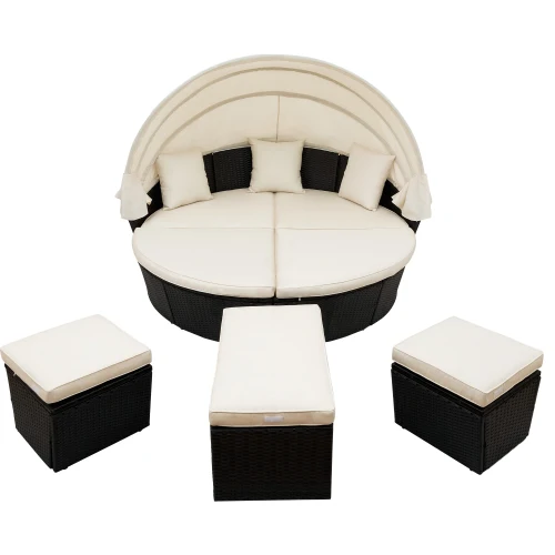 Outdoor garden furniture rattan sofa bed and retractable canopy round outdoor set wicker clamshell seat beige. | Мебель