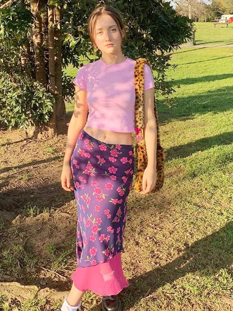 Винтаж летний розовый принт 2000s юбки Для женщин двойной Слои шифон Y2K Юбка миди