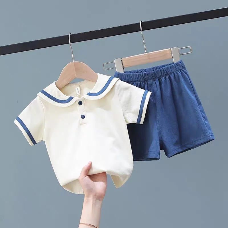

2021 Children Summer Short Sleeve Suit Academy Style Solid Color Simple Single Breasted Boys and Girls Casual Two Piece Set