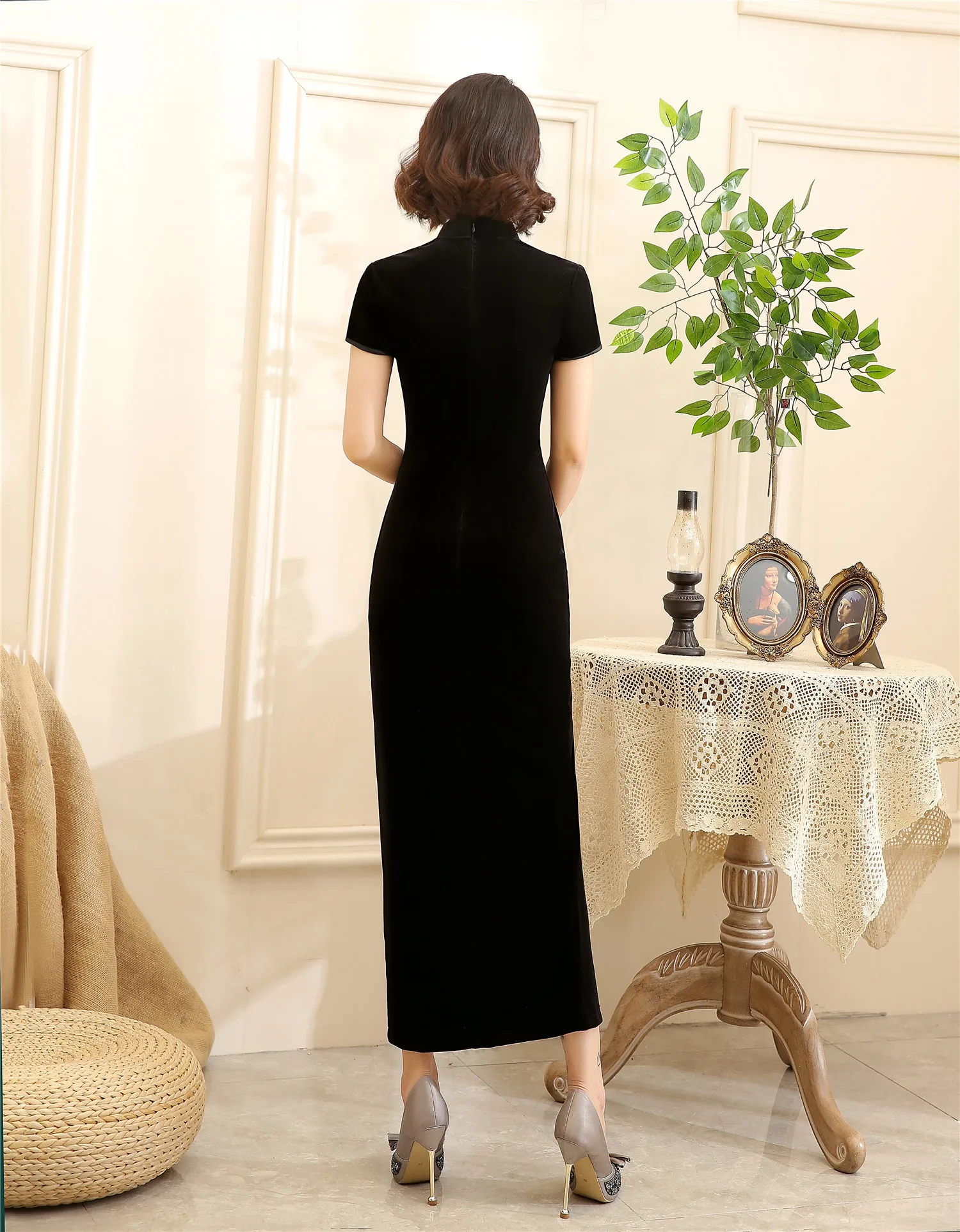 Китайское традиционное длинное платье Чонсам с коротким рукавом из бархата Qipao, китайское женское платье, 4 цвета
