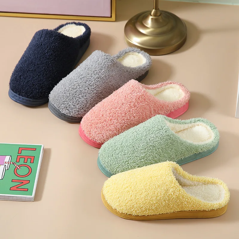 

Winter Slippers for Women and Men Solid Color Simple Basic Furry Slippers for Home Indoor Navy Blue House Footwear Warm Fur Shoe