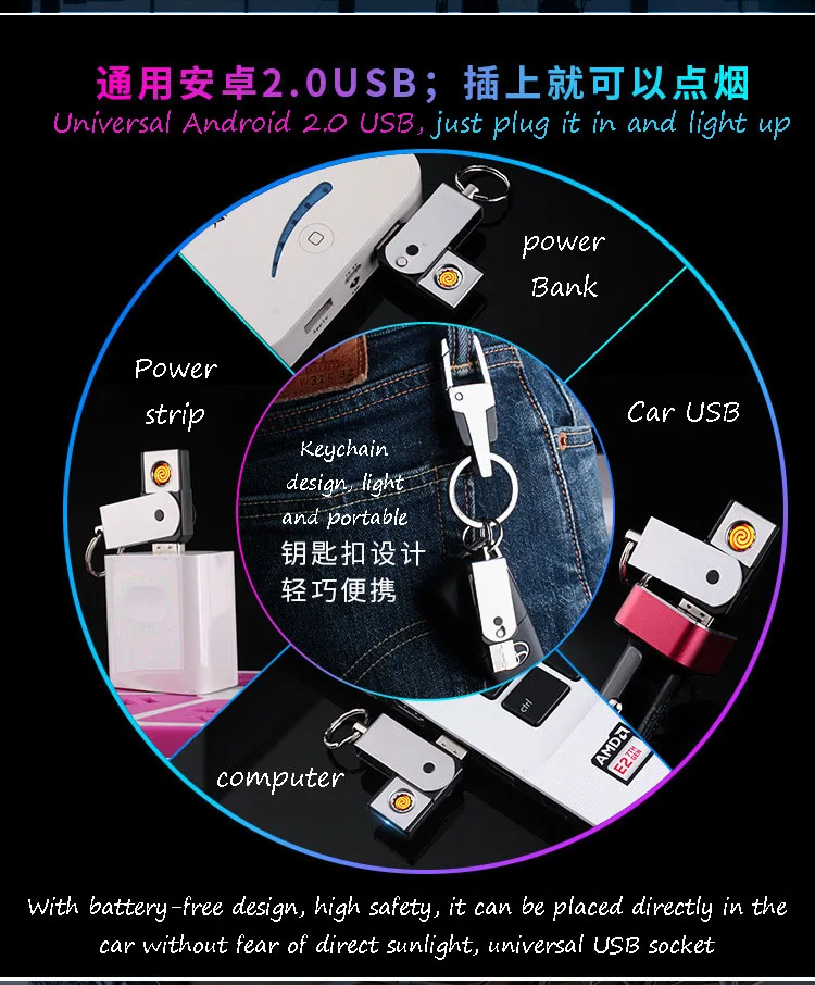 Фото Ультра тонкий USB Вольфрамовая зажигалка брелок без батареи безопаснее может
