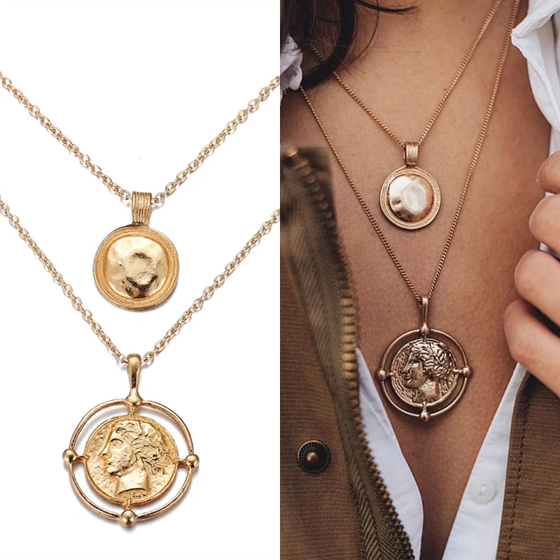 

Vintage Double Metal Chain Portrait Coin Pendant Necklace for Women Men Girls Teens Round Charm Sweater Necklaces 2021 Trend New