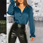 Стильные женские атласные рубашки блузки Celmia, весна 2021, элегантная офисная туника с длинными расклешенными рукавами и лацканами, топы, повседневные блузки