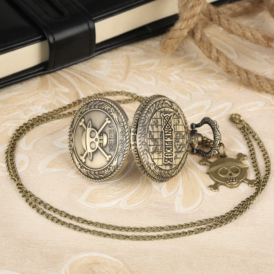 Vintage Pirate Luffy One Piece Quartz Pocket Watch Men's Clock Women's Gift Unique Cosplay Pendant reloj with Skull Accessory images - 6
