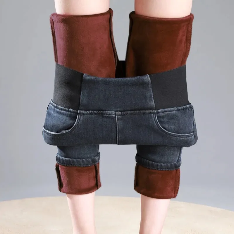 

2021 размера плюс 38 Утепленные зимние джинсы для женщин сапоги с бархатом, с завышенной талией, эластичные джинсы с плюшевой подкладкой Ретро ...