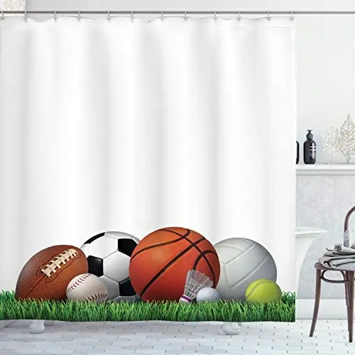 

Sports Shower Curtain, Sports Equipment on The Grass Outdoor Activities Fitness Theme,Cloth Fabric Bathroom Decor Set with Hooks