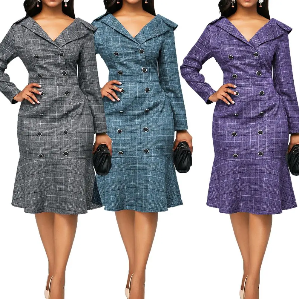 robe soiree suknie wieczorowe Women's V-neck Long Sleeve Plaid Print OL Fishtail Dress (S-5XL) платье женское вечернее