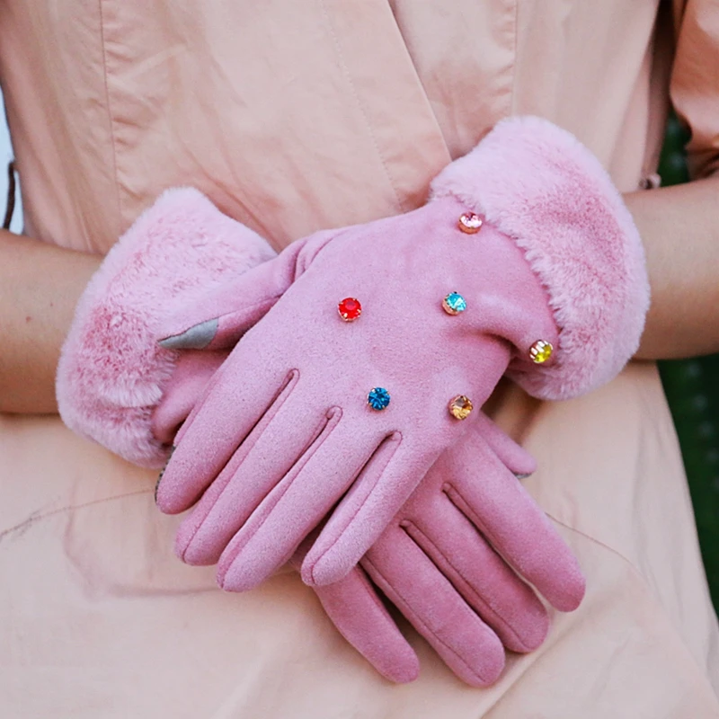 pink Модные женские перчатки Осень Зима Роскошные daimond двойные теплые полный палец варежки для женщин открытый женские перчатки сенсорный экран Luva - Цвет: pink
