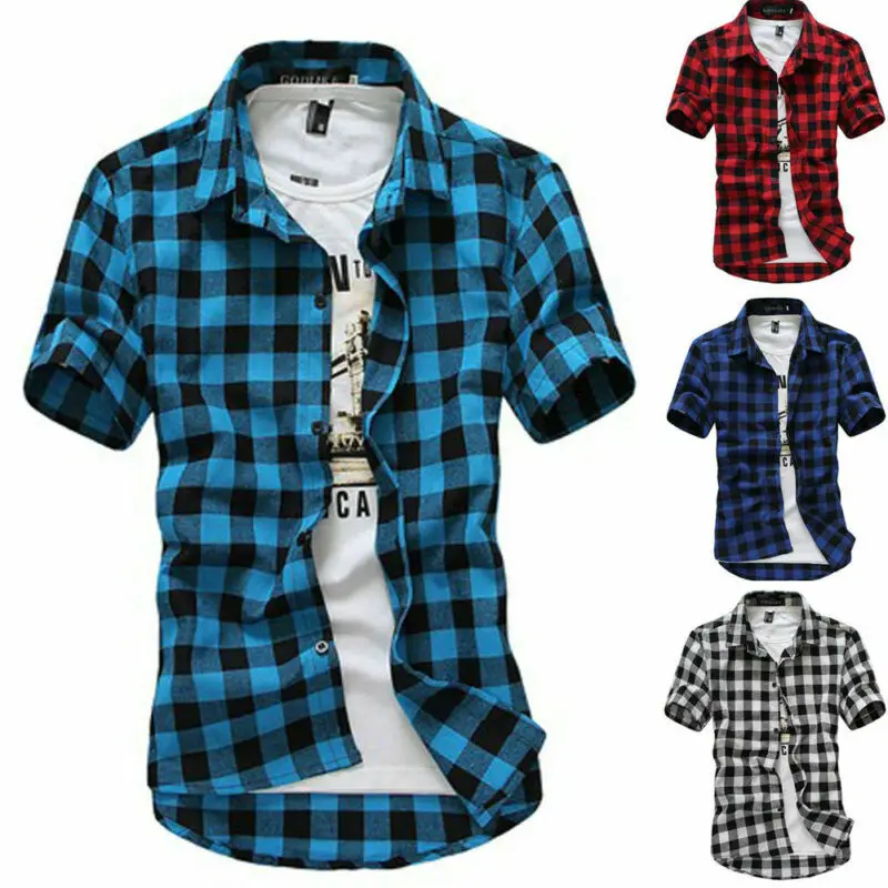 

Mens Check Shirts Short Sleeve Buttons Plaid Casual Designer T-shirts Tops Tunic