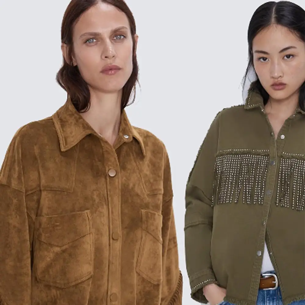 Женская джинсовая куртка ZA армейская зеленая оверсайз с бахромой и заклепками