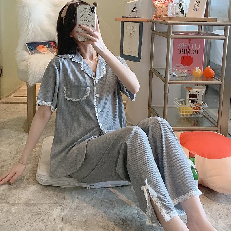 

Кардиган летняя Пижама женская хлопковая кружевная в Корейском стиле Простые серые брюки с коротким рукавом домашний костюм весна и осень