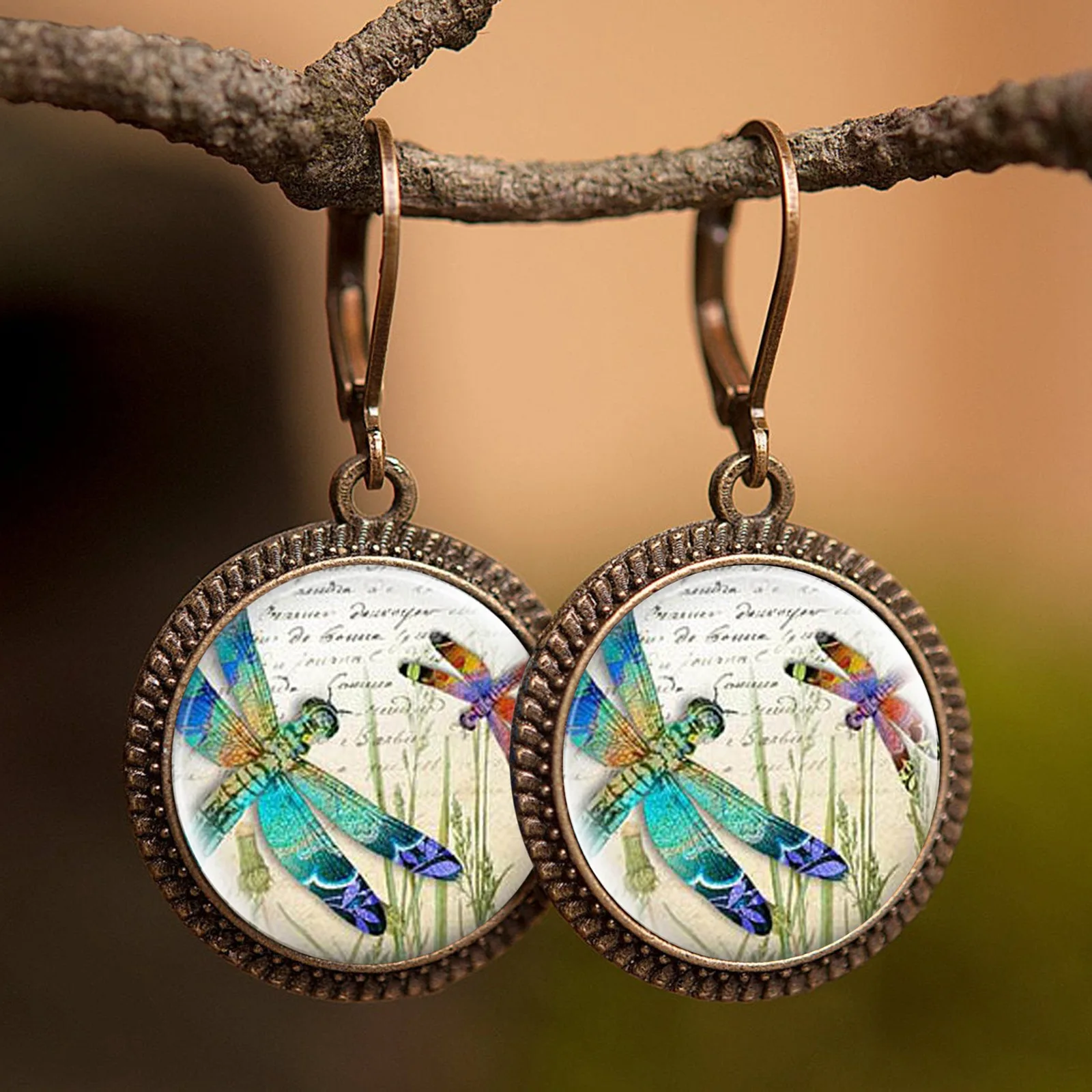 

8Seasons Vintage Copper Hoop Earrings Multicolor Cat Butterfly Pattern Glass Round Insect Women Earrings Jewelry Gifts,1Pair