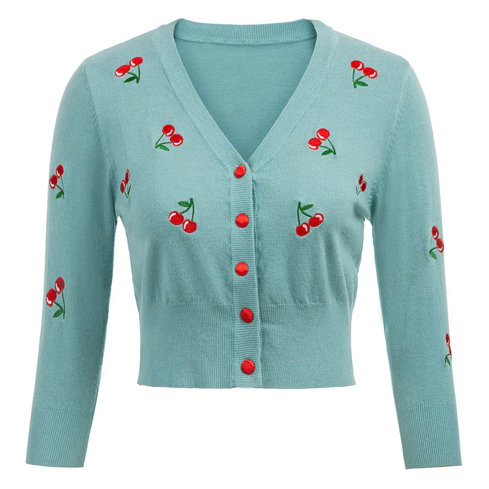 Light blue Женские винтажные куртки, кардиган с вышивкой вишни, 3/4 рукав, v-образный вырез, обрезанная трикотажная ткань, жакет на пуговицах, болеро - Цвет: Light blue