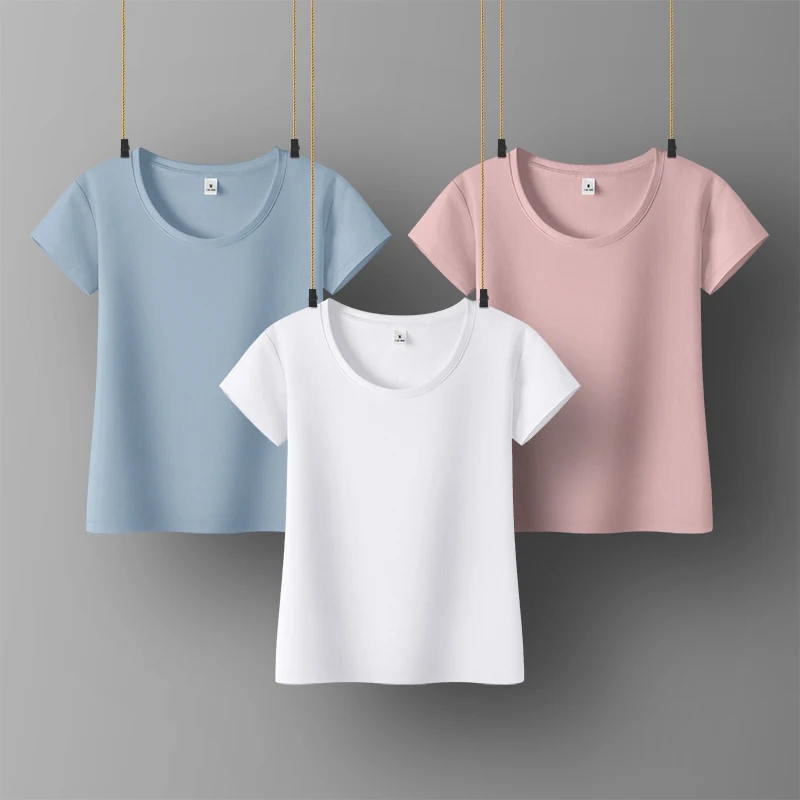 

Basis Leven Women Cotton T-shirt Short Sleeve Round collar Solid color Office Lady Top All Match Women Basic T-shirts