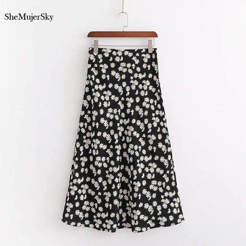 

SheMujerSky Black Daisy Print Skirts Womens High Waist Long Skirt 2020 Summer Casual Skirts