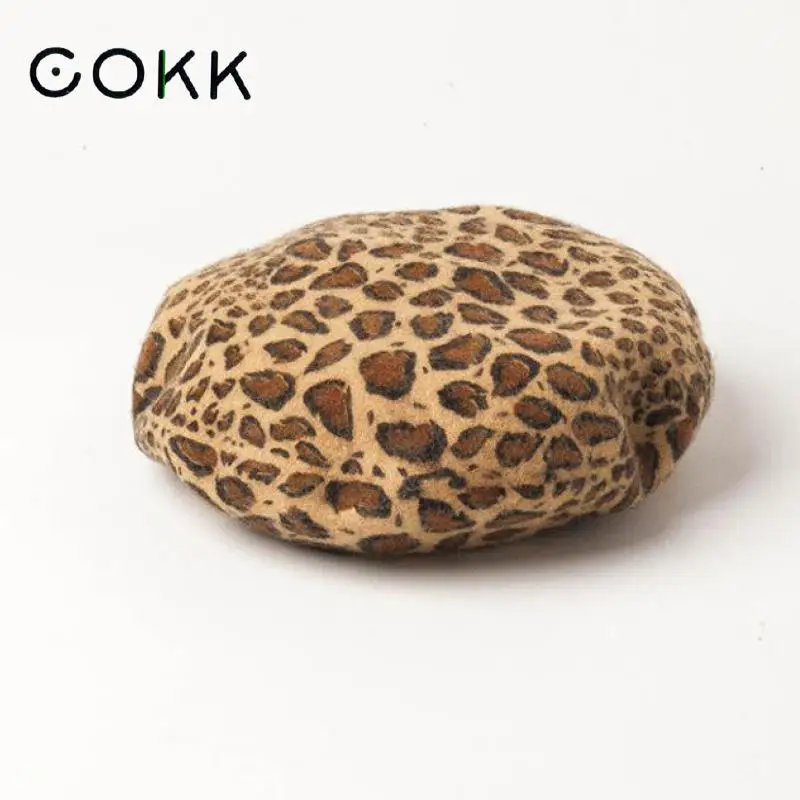 COKK леопардовая шапка, шерстяной берет, зимняя женская шапка, шапка художника, шапка Gorras Bones Femininos, Толстая теплая плоская шапка, Женский винтажный капор