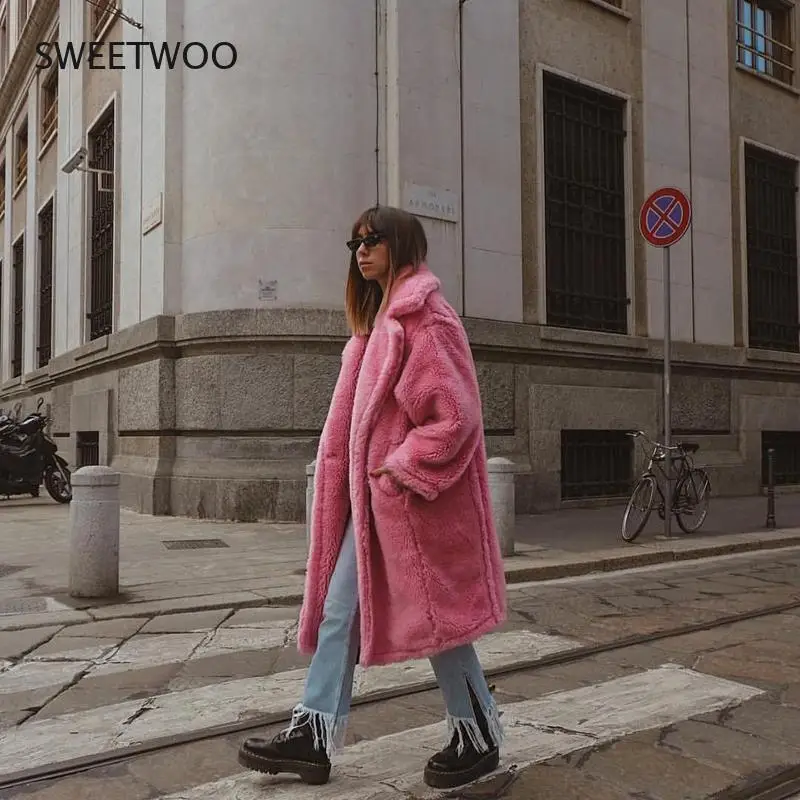 Pink Long Teddy Bear Jacket Coat Women Winter 2021 Thick Warm Oversized Chunky Outerwear Overcoat Women Faux Lambswool Fur Coats