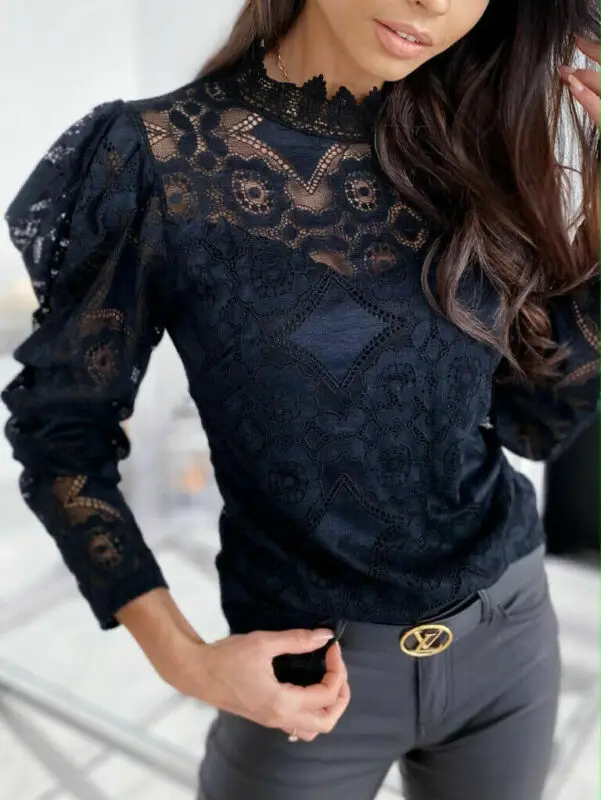 

Ladies Casual O-Neck Long Sleeve Hollow Out Floral Lace Patchwork Casual Tops Lace Floral Tops Turtleneck Blouse