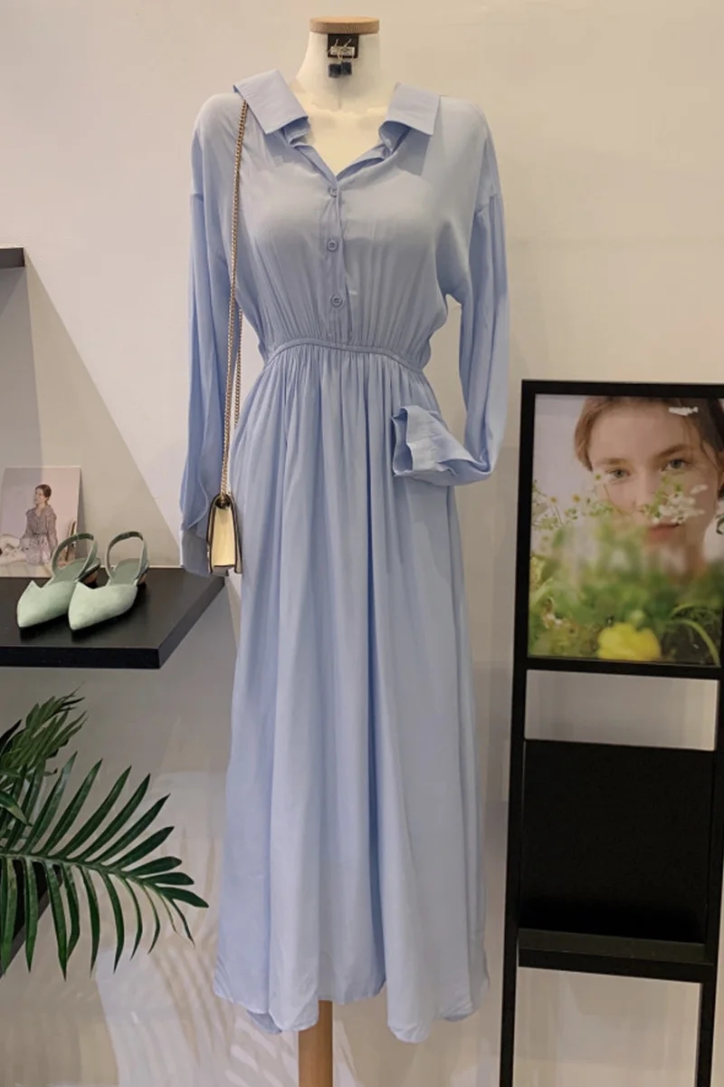 

Slimming Waist Blue Long Shirt Dress Women's 2021 Autumn Graceful Fashionable Overknee Maxi Dress Female A Line Pleated Dress