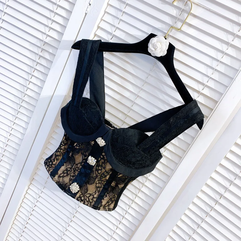 Sexy Slim Lace Patchwork Tank Top Women Tube Top Lace Rhinestone Buttons Back Zipper Short Waistcoat Camisole