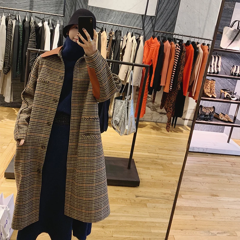 

Grid 2021 Autumn New Spring Women's Wool Plaid Coat New Fashion Long Woolen Coat Slim Type Female Winter Wool Jackets Female