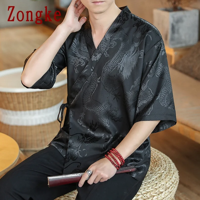 

Zongke Dragon Kimono Men Clothing 2021 Fashion Summer Harajuku Kimono Cardigan Short Sleeve Shirts For Men 5XL New Arrivals