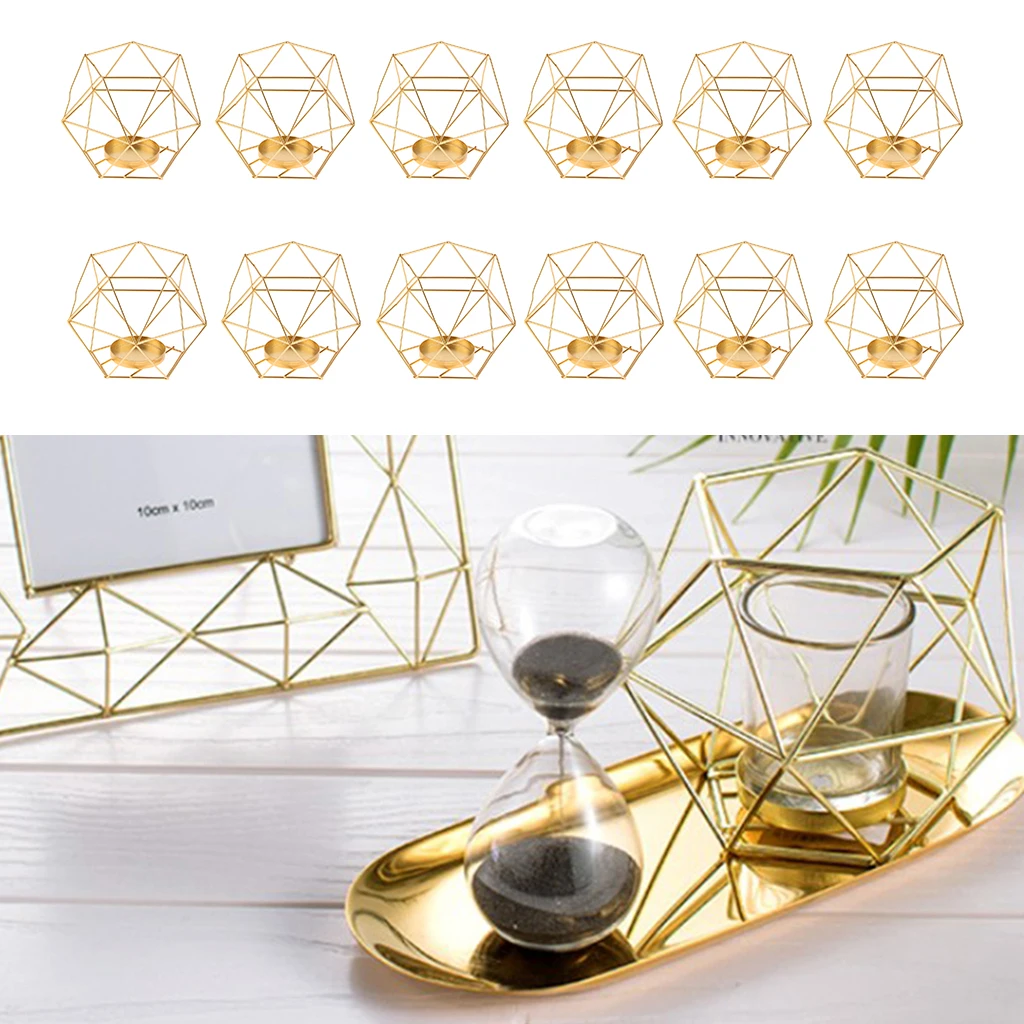12pcs 3D Geometric Iron Candlestick Wall Candle Holder Golden Home Ornaments Sconce Matching Tealight Home Wedding Decor
