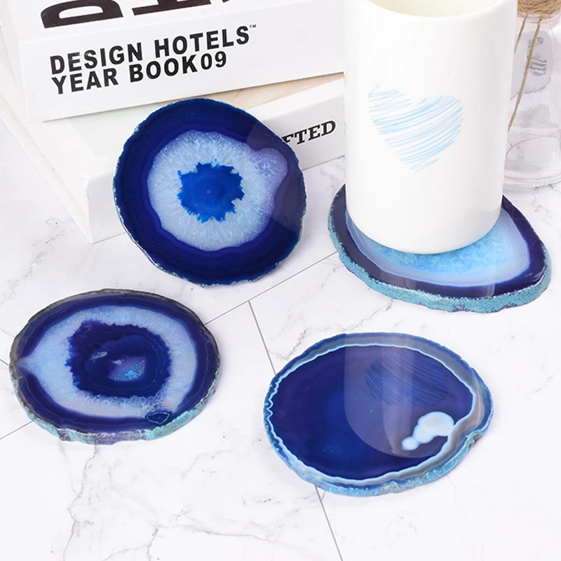 

8-10 CM Gems Crafts Pad Natural Blue Agate Slice Coaster Cup Mug Glass Beverage Holder Quartz Onyx Stone Mat Art Home Decor Tool