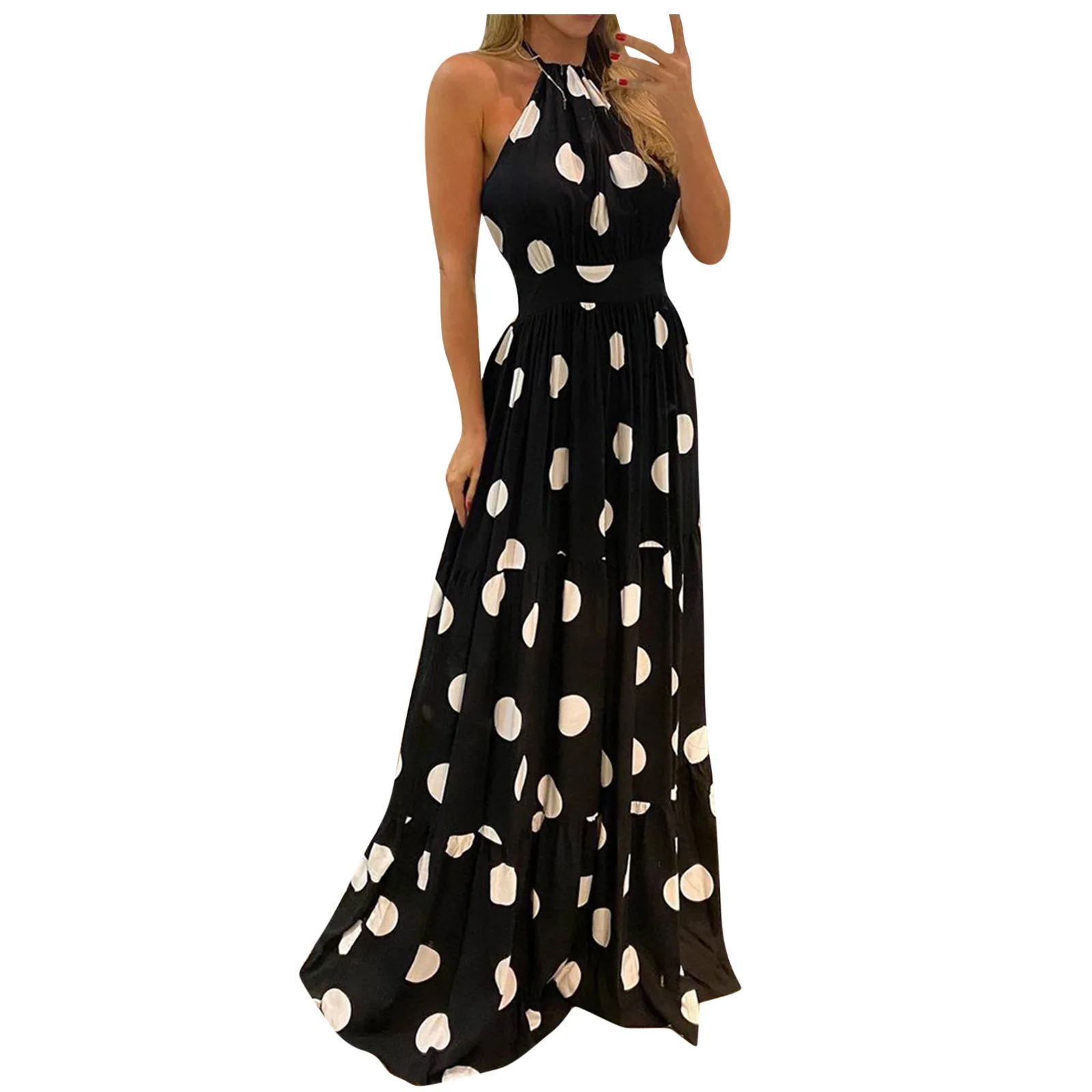 

Summer Elegant Sexy Beach Long Dress Women Fashion Print Flowers Polka Dot Print Halterneck Tie Dress Long Dress High Waist Dres