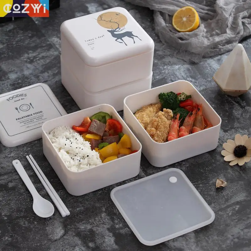Double Layer Square Lunch Box Food Container Household Outdoor Picnic Sealling Cap With Spoon Bento | Дом и сад