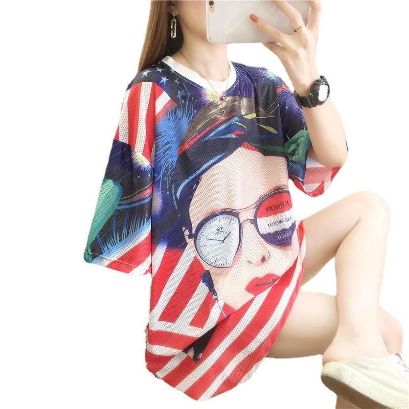 

Lce Silk Mesh Character Cartoon Short-Sleeved T-Shirt Top Women's Summer Fashion Oversized Harajuku Punk Kawaii Graphic Tees