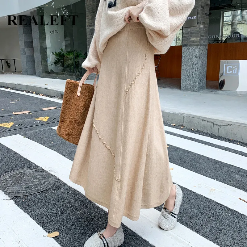 

REALEFT Thicken Knitting Long Skirts New 2021 Autumn Winter Solid Color High Waist Umbrella Skater A-Line Midi Skirts Female