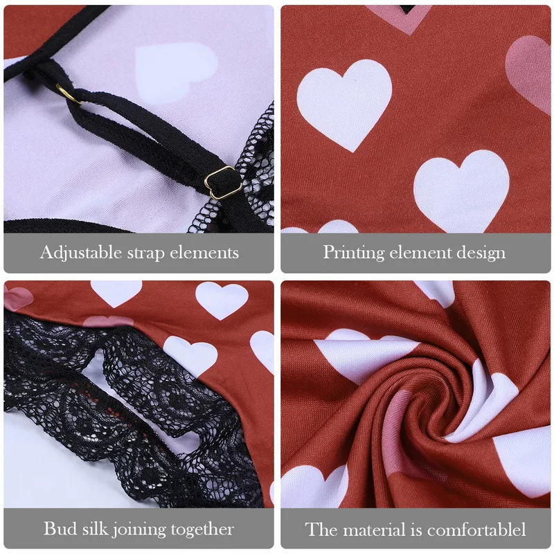 

Women's Pajamas Set V-Neck Butterfly Print Stretch Satin Babydoll Lace Sexy Lingerie Sleepwear Pajamas Home Wear Night Wear Lady