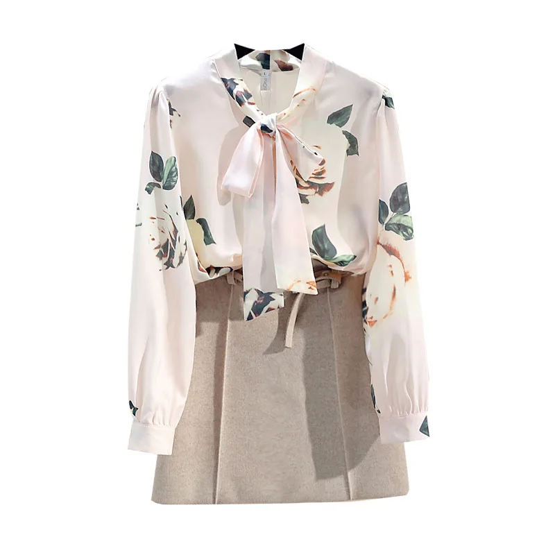 

Spring Autumn Women's Blouse Korean Style Floral Lace Bowknot Shirt New Printed Chiffon Long Sleeve Loose Female Tops LL318