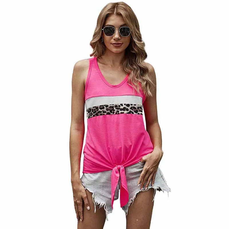 

Женский топ с леопардовым принтом, Трикотажный жилет без рукавов с круглым вырезом и цветочным принтом, повседневные блузки с узлом, Новинк...