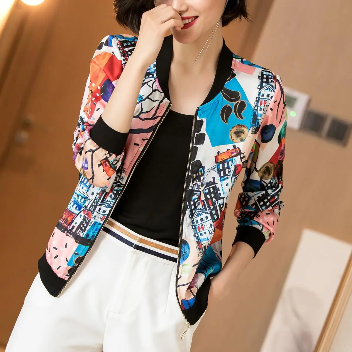 Spring Summer New Women's Abstract Baseball Jacket Lady Long Sleeve Zipper Coat Female Print Tops 4XL