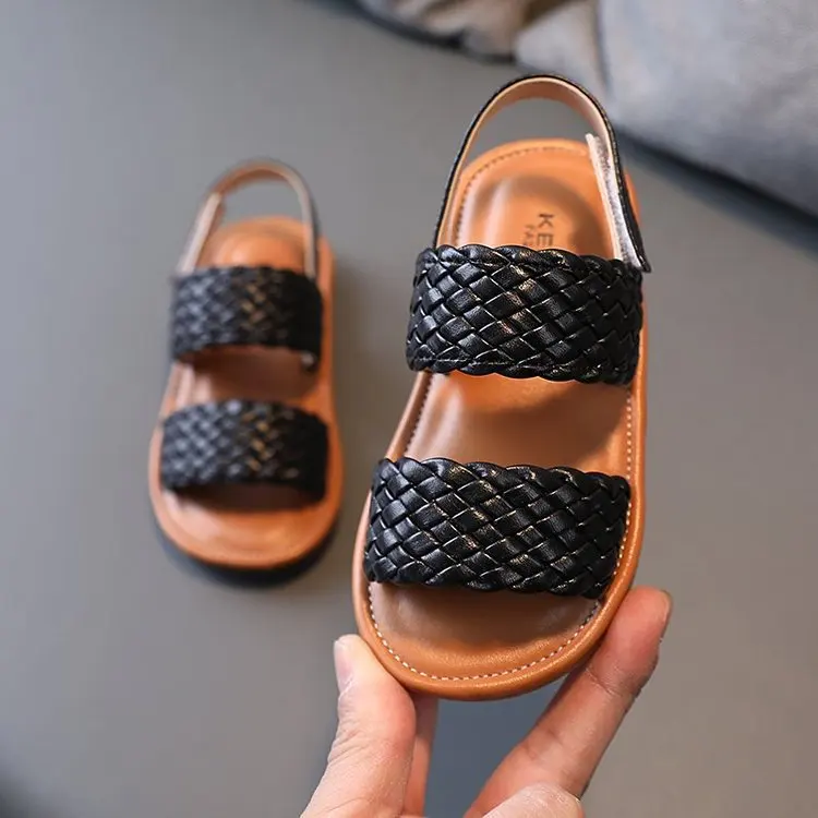 

2021 Girls Woven Strappy Sandals Soft Leather Velcro Open Toen1-8 Years Old Kids Beach Shoes Girl Shoes Sandles Kids Shoes