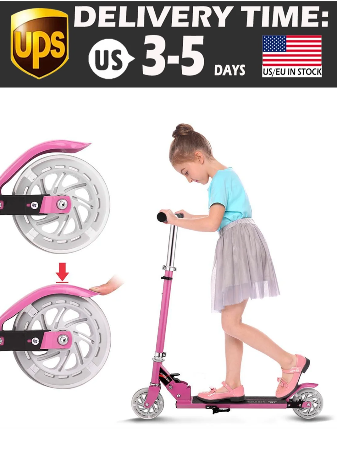 Portable Folding Height-adjustable 2-wheel Handheld PU Wheel Anti-skid scooter With LED Luminous Wheels