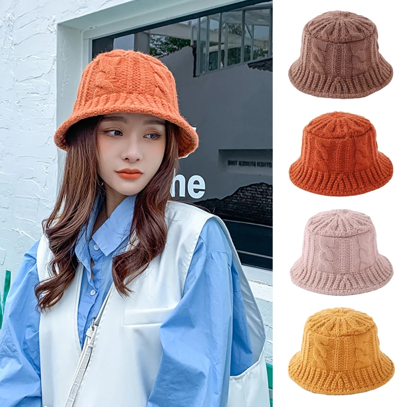 

Women Winter Chunky Braided Cable Knitted Dome Bucket Hat Solid Color Twist Striped Short Brim Packable Fisherman Cap