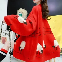 Sheep Cartoon Printted Women Sweater 2020 Winter New Single Breasted Female Candigan Casual Long Sleeve Loose Sweater