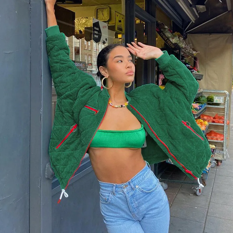 2021 Autumn Winter Fashion Trend Jacket New O-Neck Diamond Lattice Zipper Baseball Uniform Green Warm Female Jacket Parkas