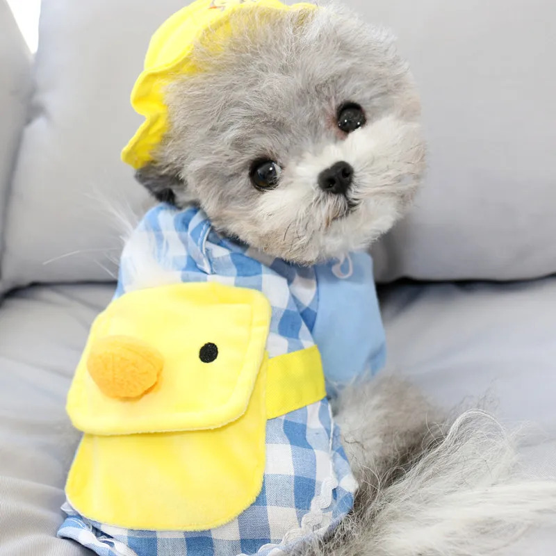 2021 Cute Little Yellow Duck Dog Clothes Bichon Autumn Pullover Puppy Warm Sweater Two-legged Pet Clothe With Hat |
